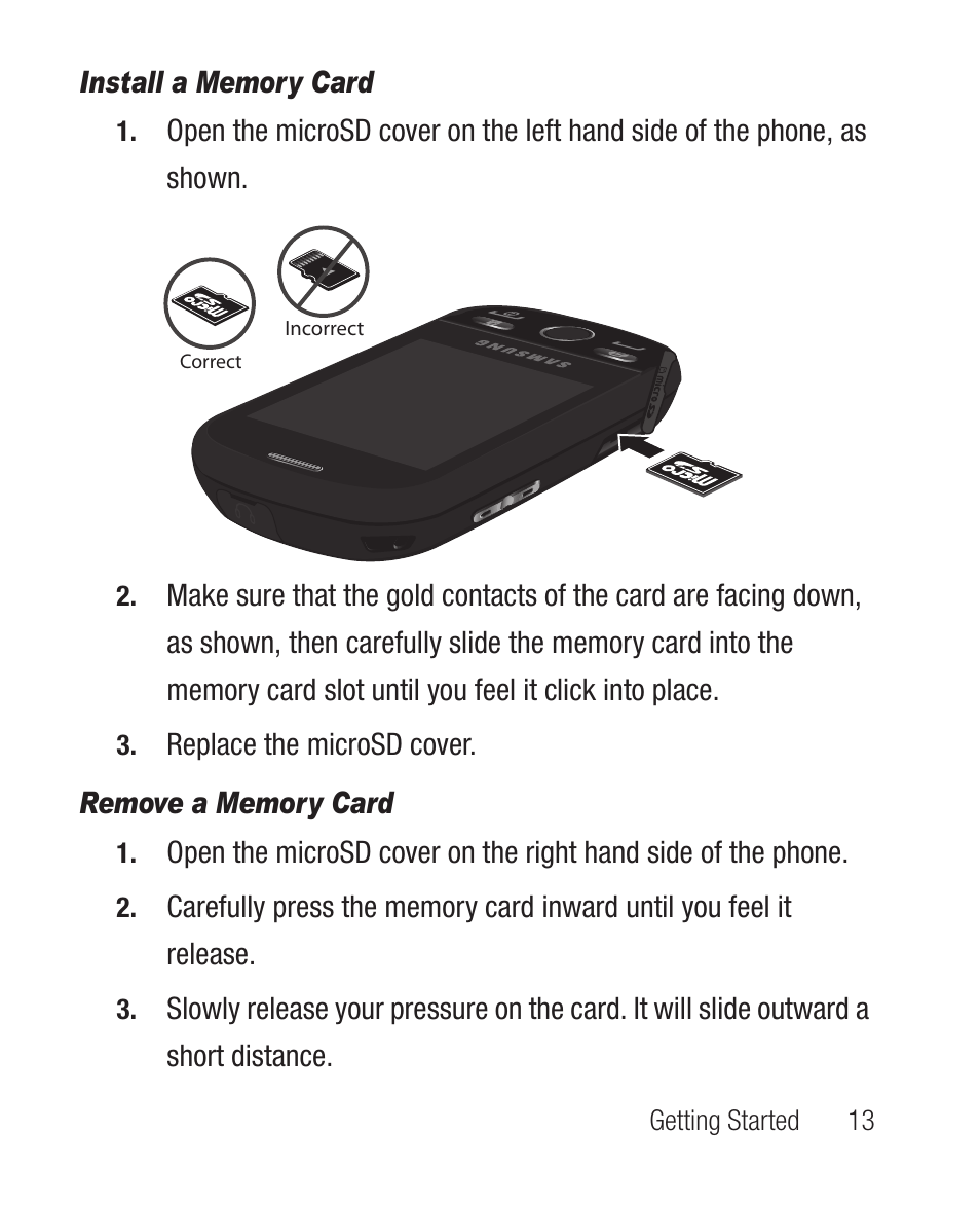 Install a memory card, Remove a memory card | Samsung SCH-R631DWACRI User Manual | Page 17 / 145