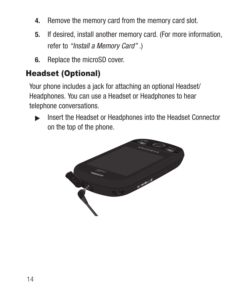 Headset (optional) | Samsung SCH-R631DWACRI User Manual | Page 18 / 145