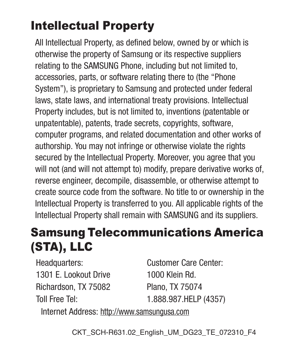 Intellectual property, Samsung telecommunications america (sta), llc | Samsung SCH-R631DWACRI User Manual | Page 2 / 145