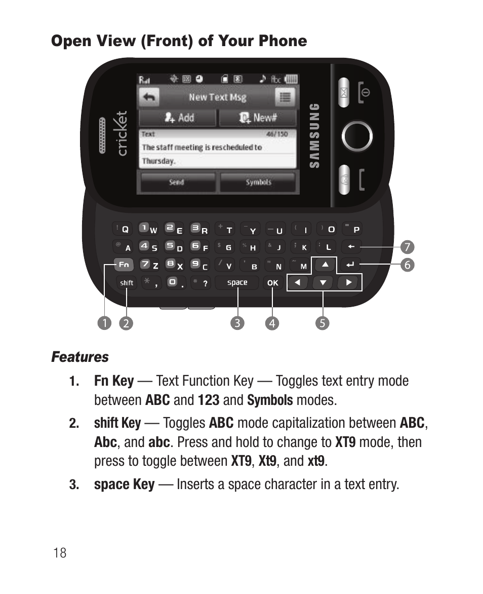 Open view (front) of your phone, Features | Samsung SCH-R631DWACRI User Manual | Page 22 / 145