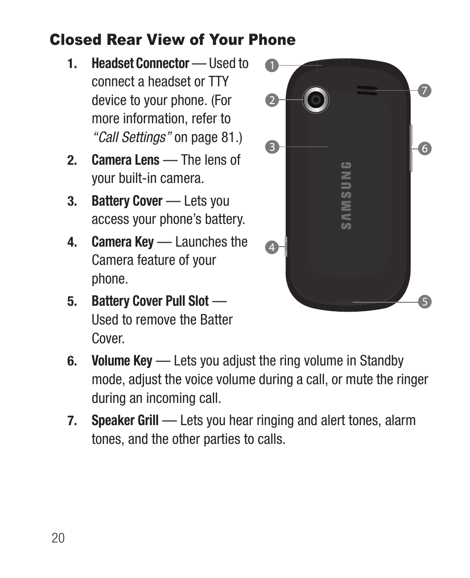 Closed rear view of your phone | Samsung SCH-R631DWACRI User Manual | Page 24 / 145