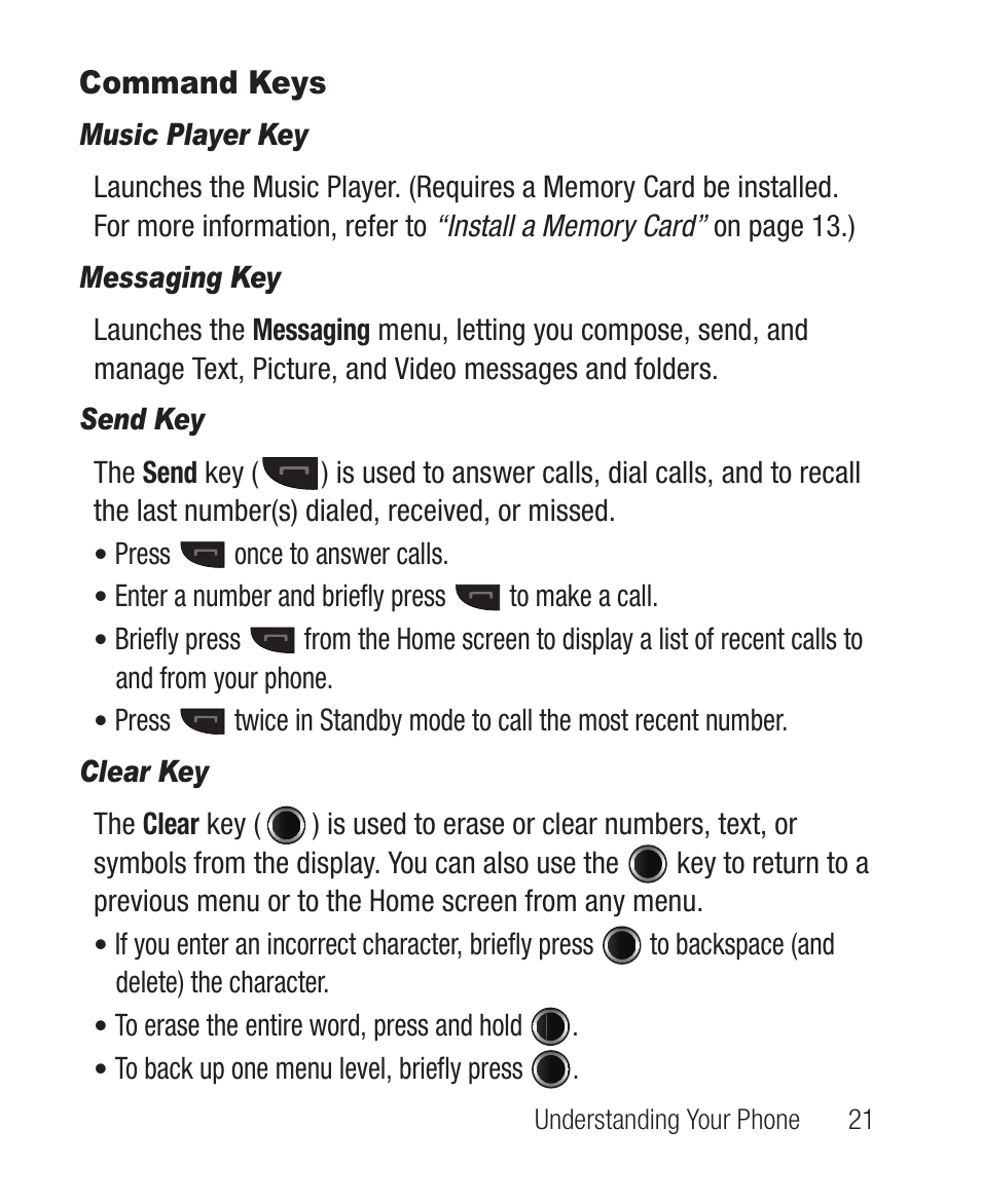 Command keys, Music player key, Messaging key | Send key, Clear key | Samsung SCH-R631DWACRI User Manual | Page 25 / 145