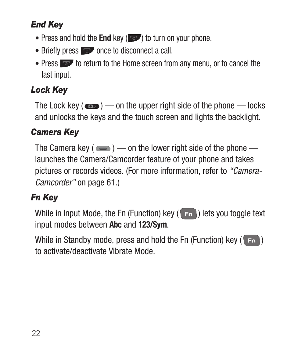 End key, Lock key, Camera key | Fn key | Samsung SCH-R631DWACRI User Manual | Page 26 / 145