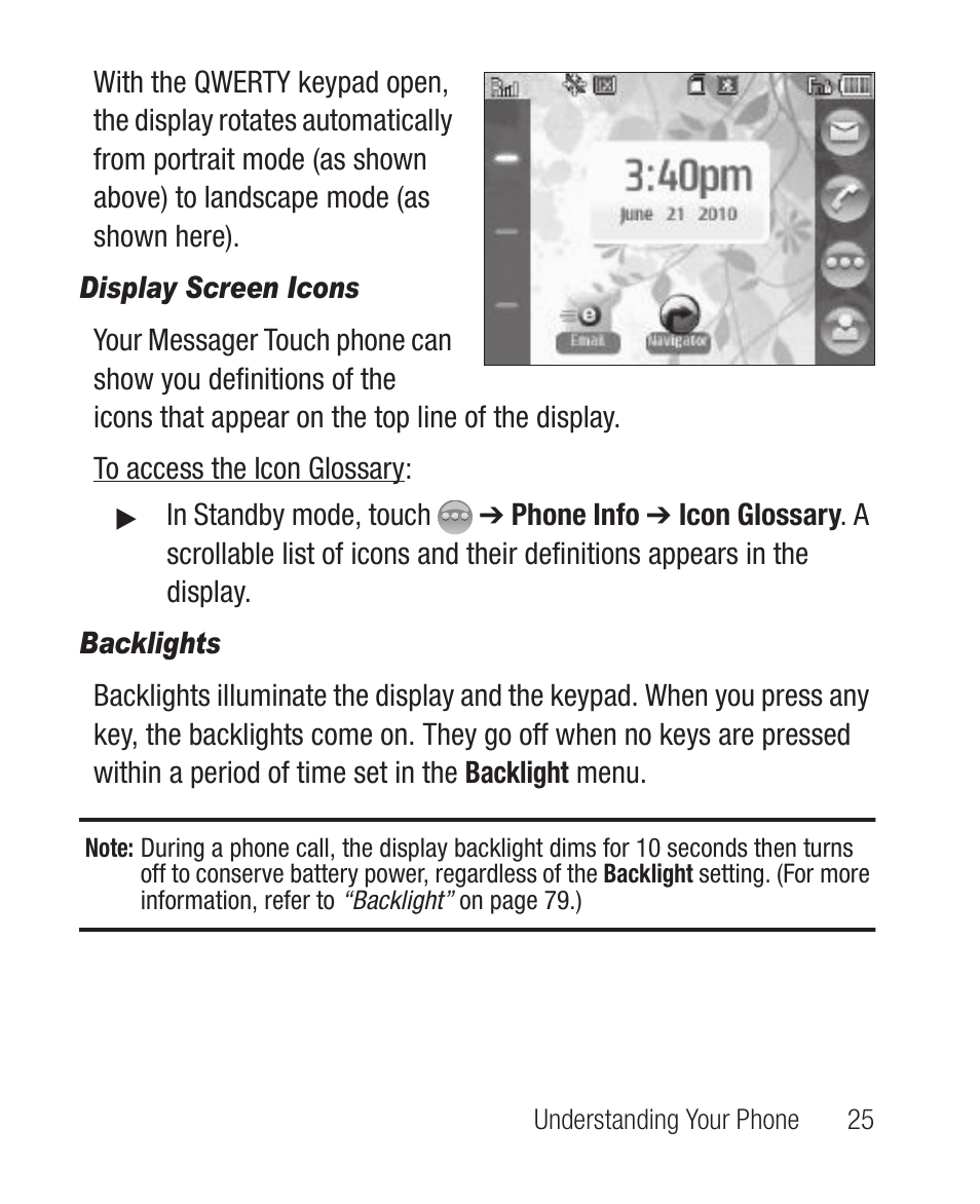 Display screen icons, Backlights | Samsung SCH-R631DWACRI User Manual | Page 29 / 145