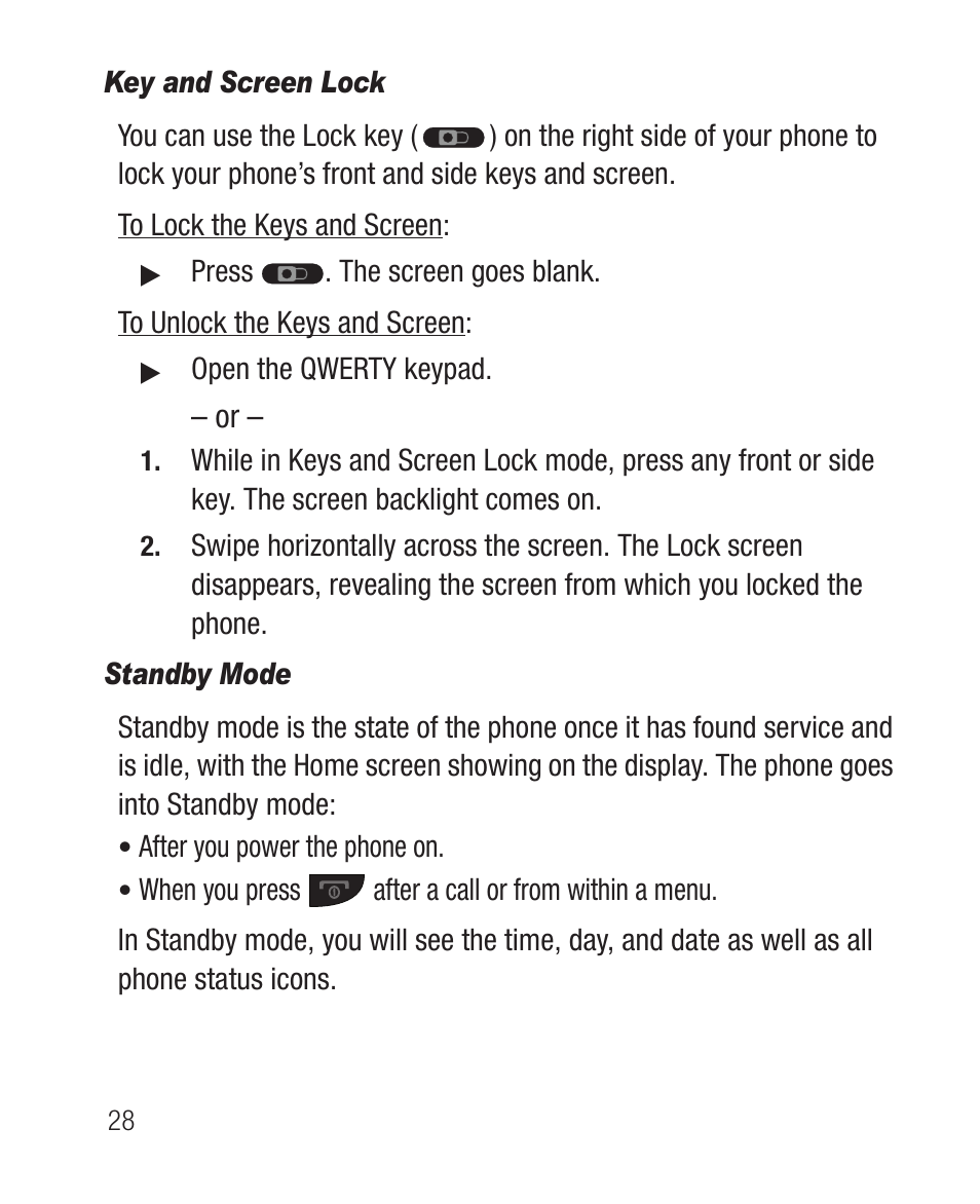 Key and screen lock, Standby mode | Samsung SCH-R631DWACRI User Manual | Page 32 / 145