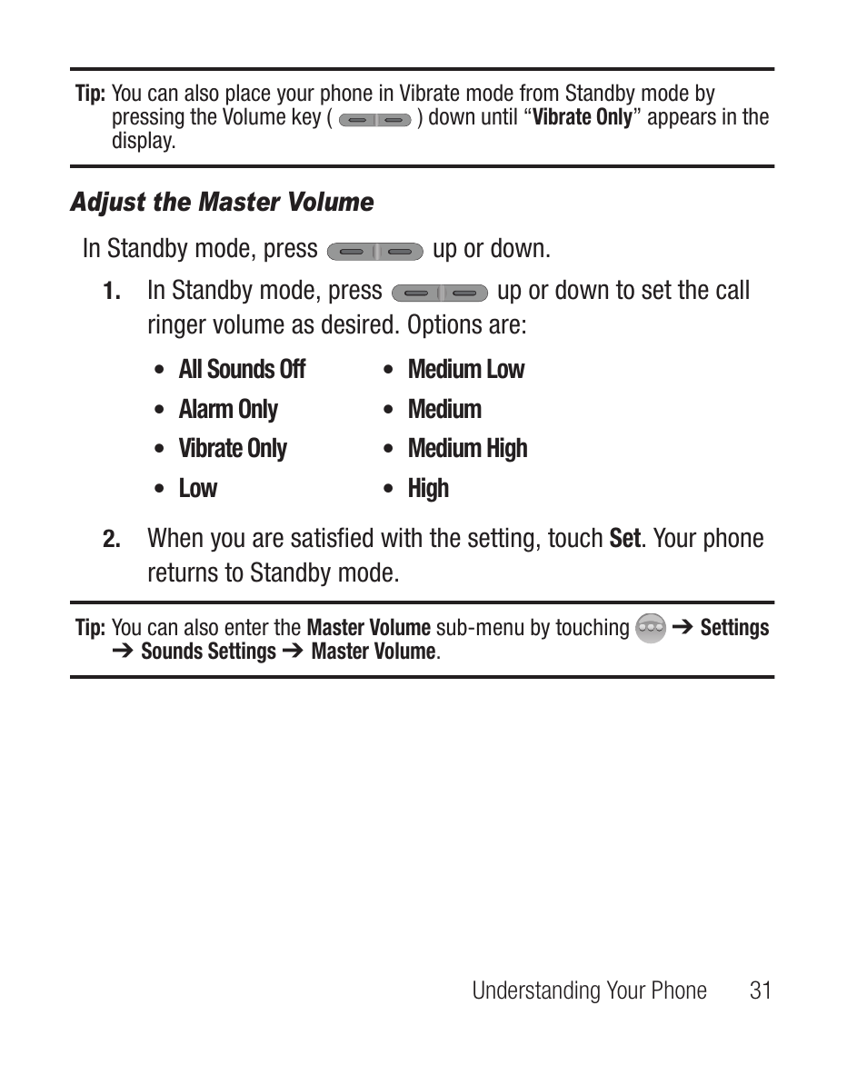 Adjust the master volume | Samsung SCH-R631DWACRI User Manual | Page 35 / 145