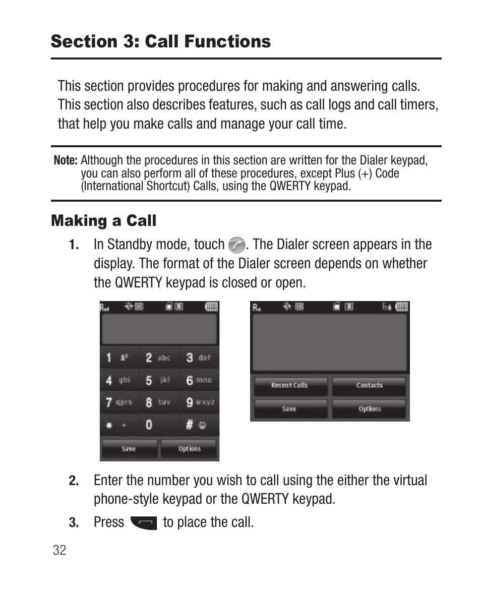 Section 3: call functions, Making a call | Samsung SCH-R631DWACRI User Manual | Page 36 / 145