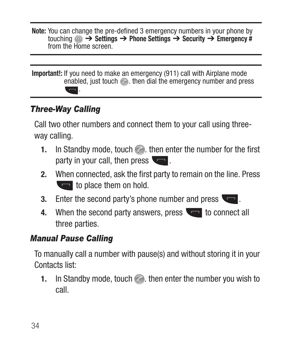 Three-way calling, Manual pause calling | Samsung SCH-R631DWACRI User Manual | Page 38 / 145