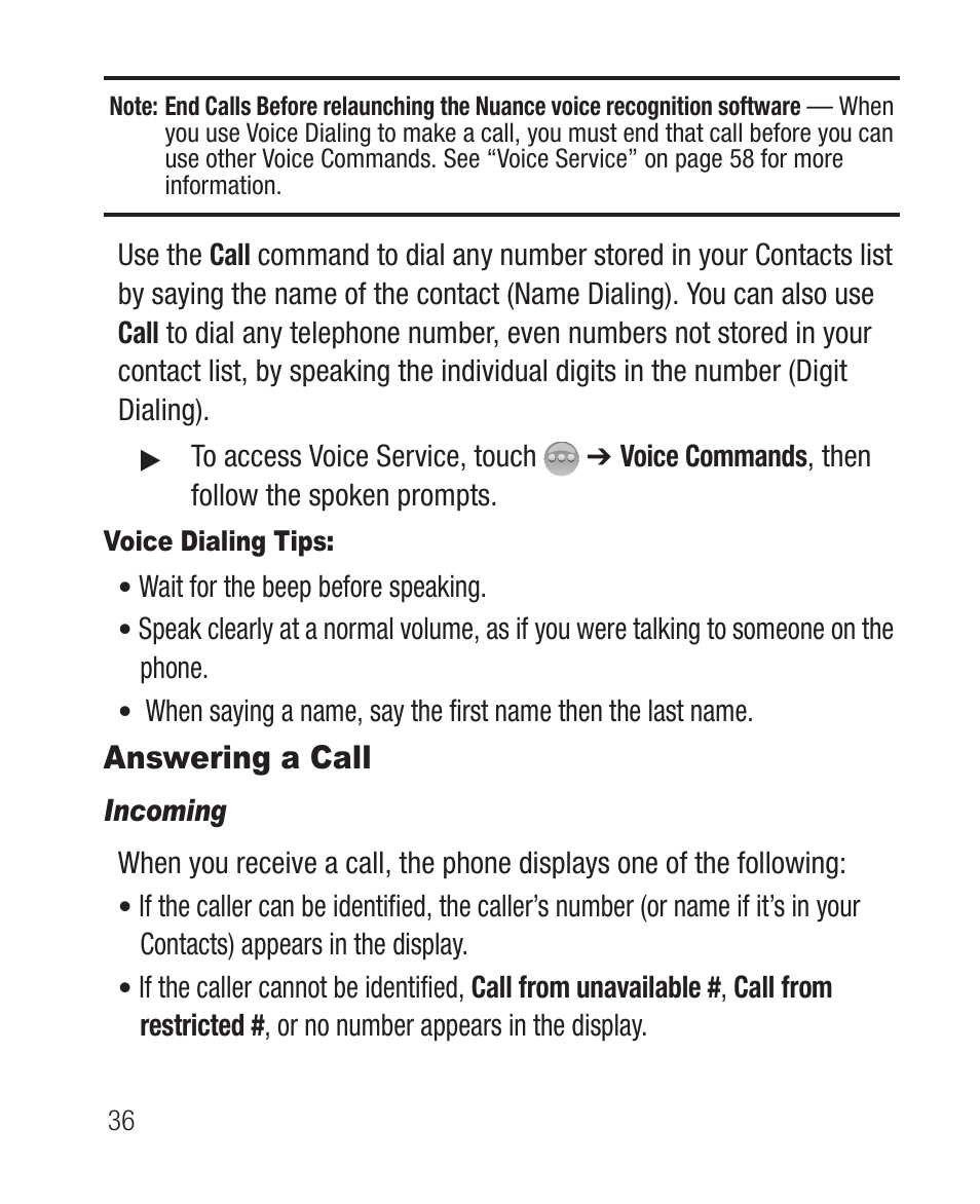 Voice dialing tips, Answering a call, Incoming | Samsung SCH-R631DWACRI User Manual | Page 40 / 145