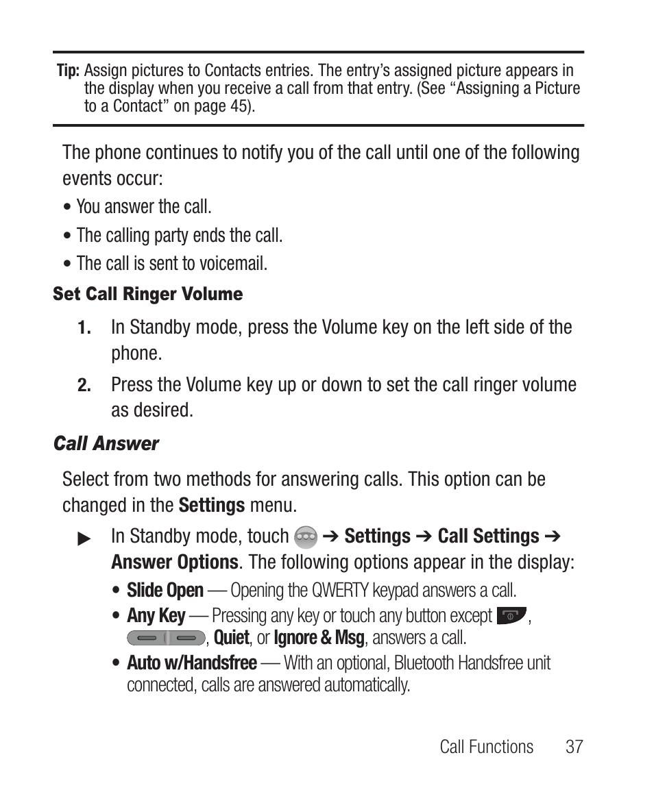 Set call ringer volume, Call answer | Samsung SCH-R631DWACRI User Manual | Page 41 / 145