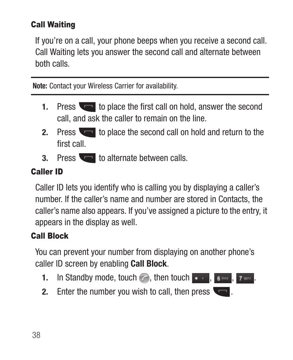 Call waiting, Caller id, Call block | Samsung SCH-R631DWACRI User Manual | Page 42 / 145