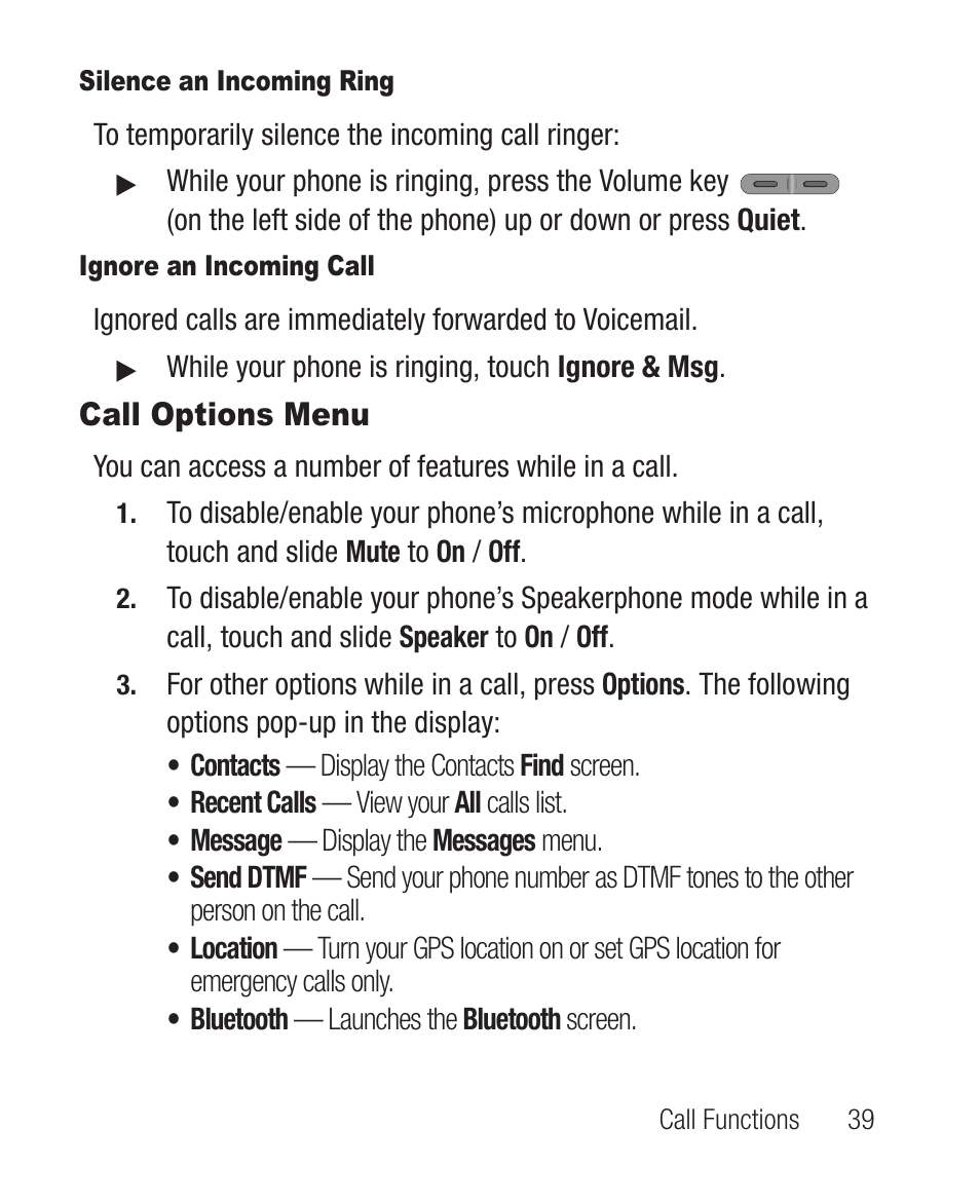 Silence an incoming ring, Ignore an incoming call, Call options menu | Samsung SCH-R631DWACRI User Manual | Page 43 / 145