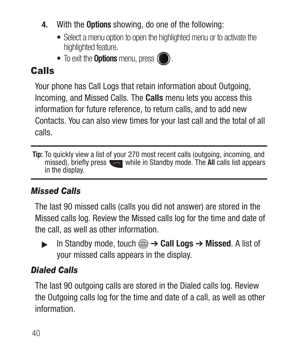 Calls, Missed calls, Dialed calls | Samsung SCH-R631DWACRI User Manual | Page 44 / 145