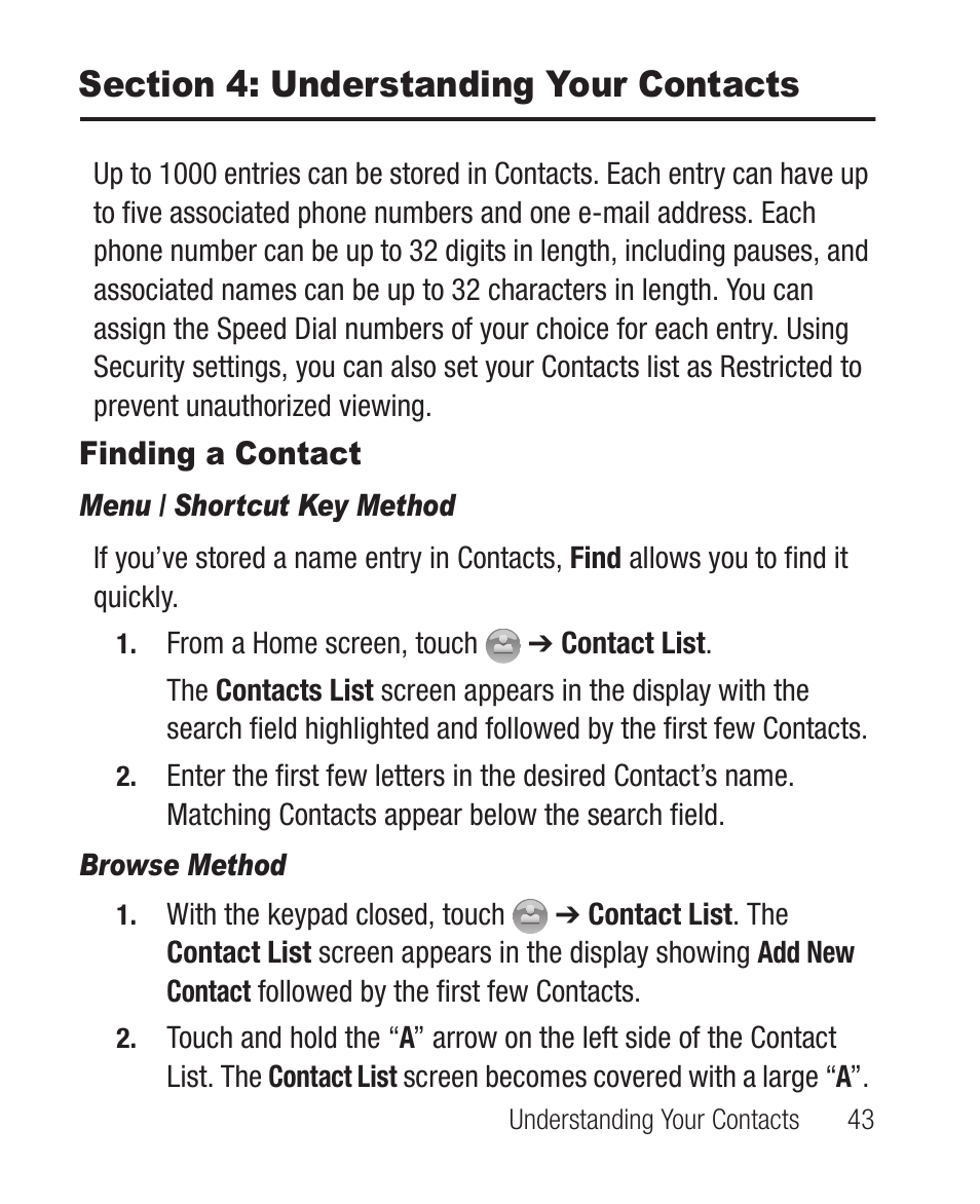 Section 4: understanding your contacts, Finding a contact, Menu / shortcut key method | Browse method | Samsung SCH-R631DWACRI User Manual | Page 47 / 145