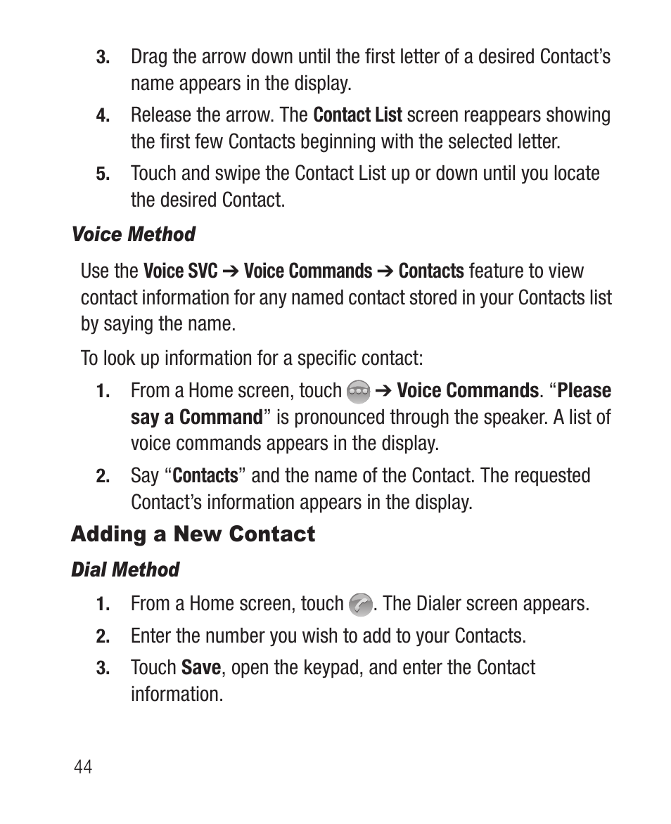 Voice method, Adding a new contact, Dial method | Samsung SCH-R631DWACRI User Manual | Page 48 / 145