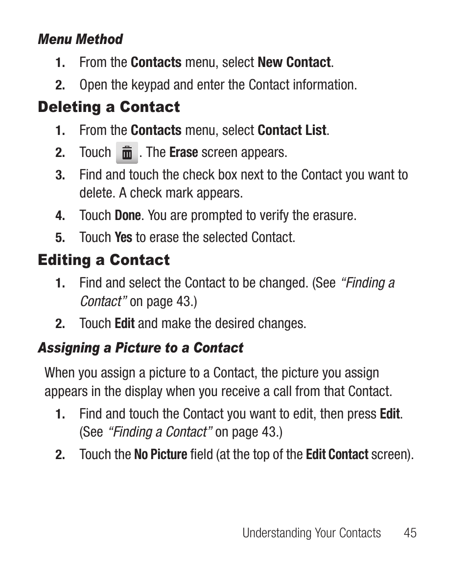 Menu method, Deleting a contact, Editing a contact | Assigning a picture to a contact, Deleting a contact editing a contact | Samsung SCH-R631DWACRI User Manual | Page 49 / 145