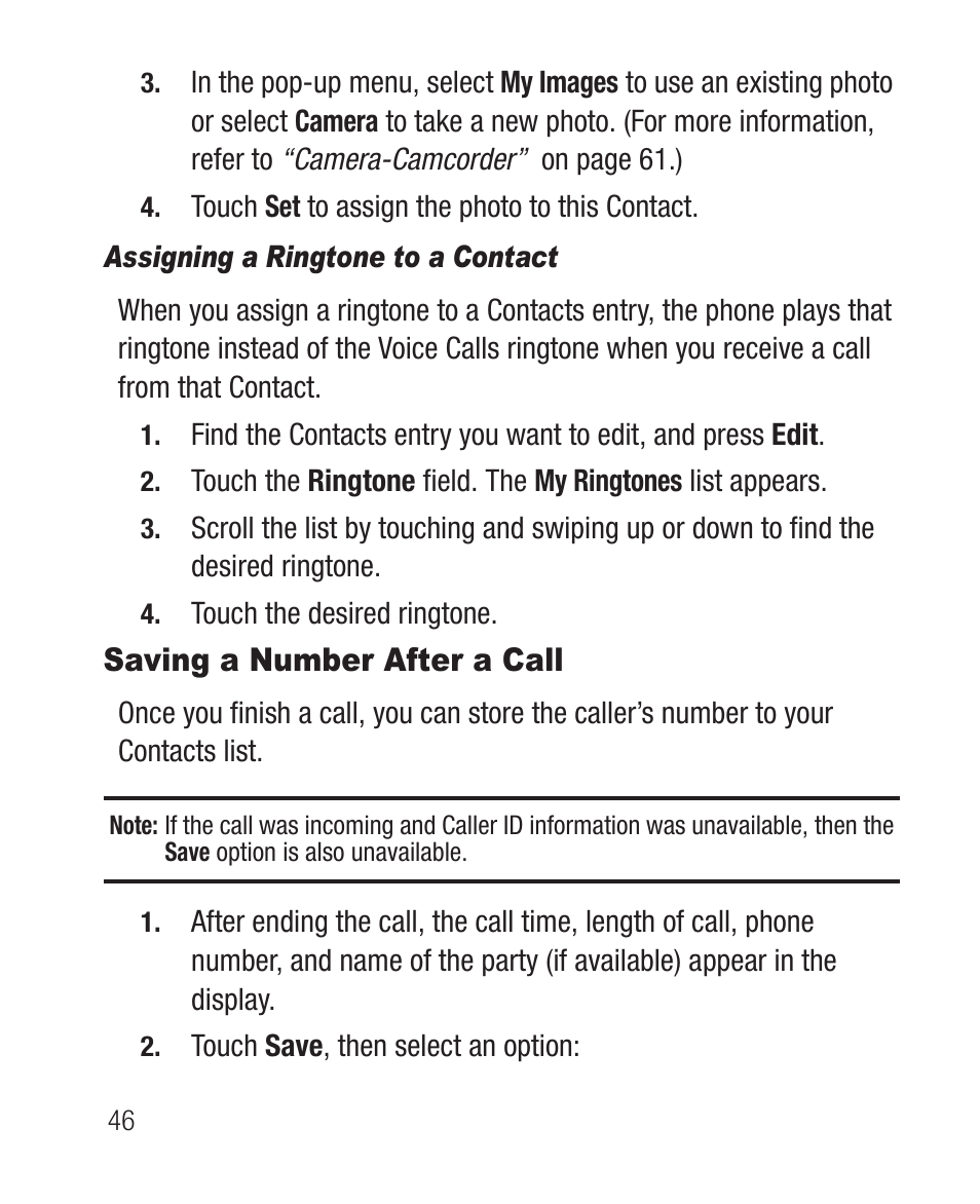 Assigning a ringtone to a contact, Saving a number after a call | Samsung SCH-R631DWACRI User Manual | Page 50 / 145