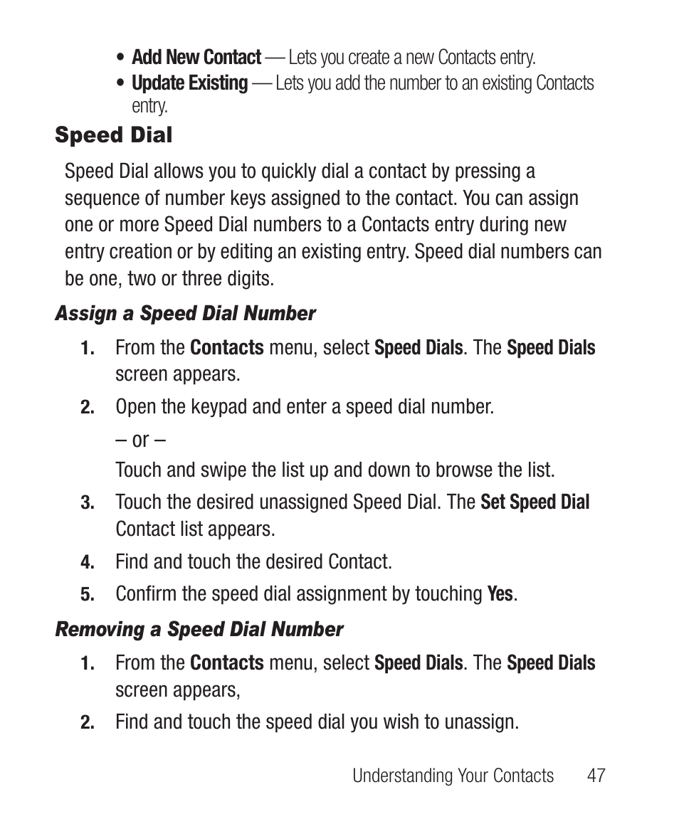 Speed dial, Assign a speed dial number, Removing a speed dial number | Samsung SCH-R631DWACRI User Manual | Page 51 / 145