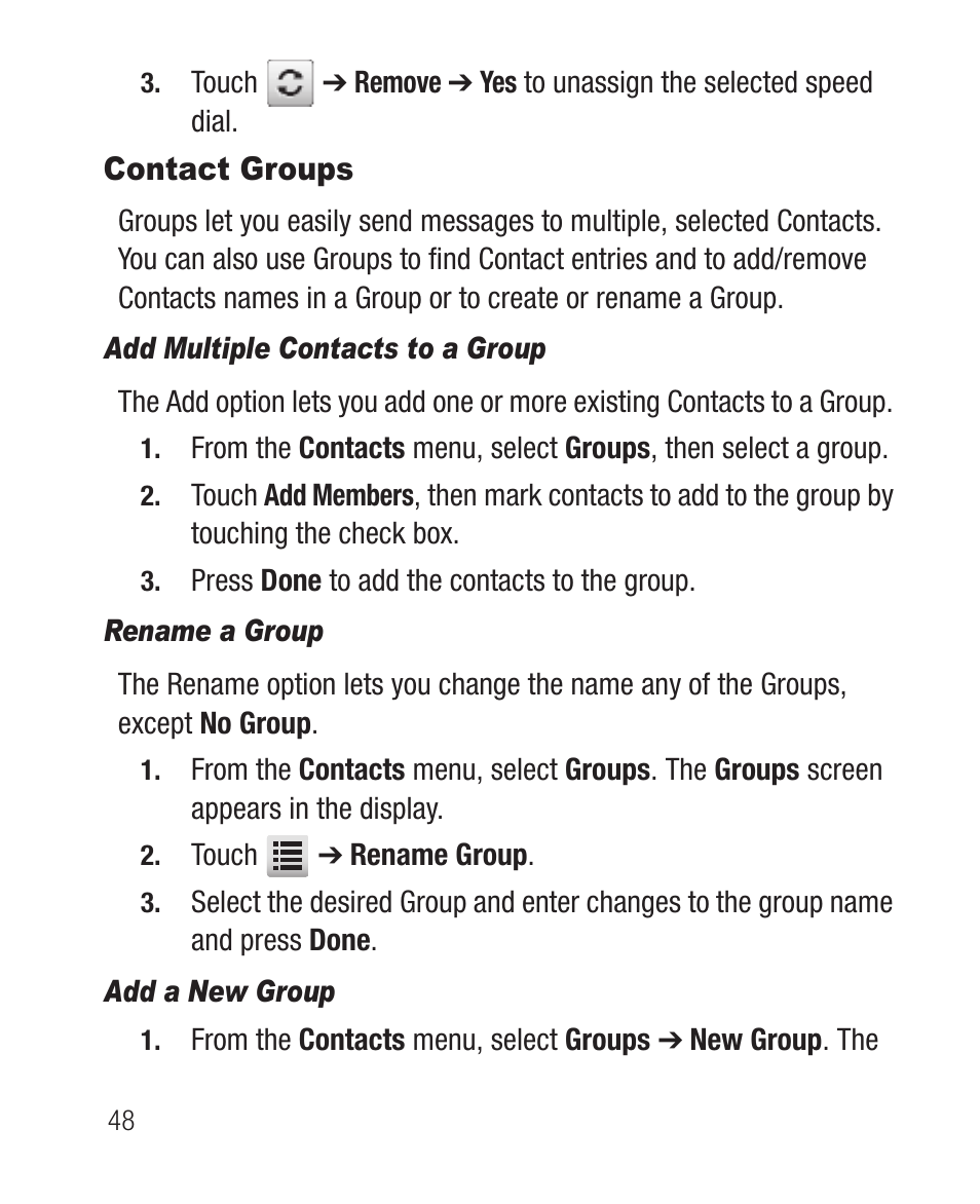 Contact groups, Add multiple contacts to a group, Rename a group | Add a new group | Samsung SCH-R631DWACRI User Manual | Page 52 / 145