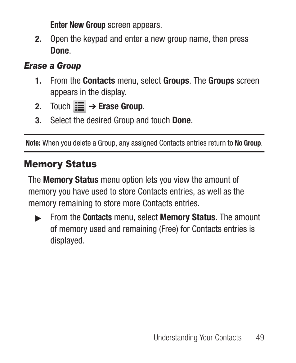 Erase a group, Memory status | Samsung SCH-R631DWACRI User Manual | Page 53 / 145