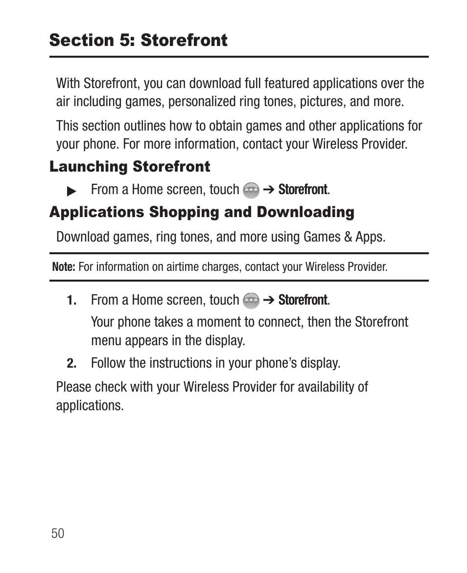 Section 5: storefront, Launching storefront, Applications shopping and downloading | Samsung SCH-R631DWACRI User Manual | Page 54 / 145