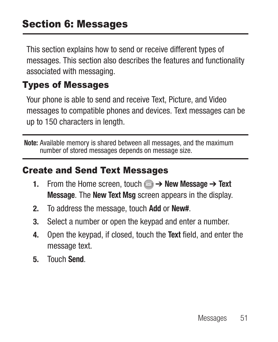 Section 6: messages, Types of messages, Create and send text messages | Types of messages create and send text messages | Samsung SCH-R631DWACRI User Manual | Page 55 / 145