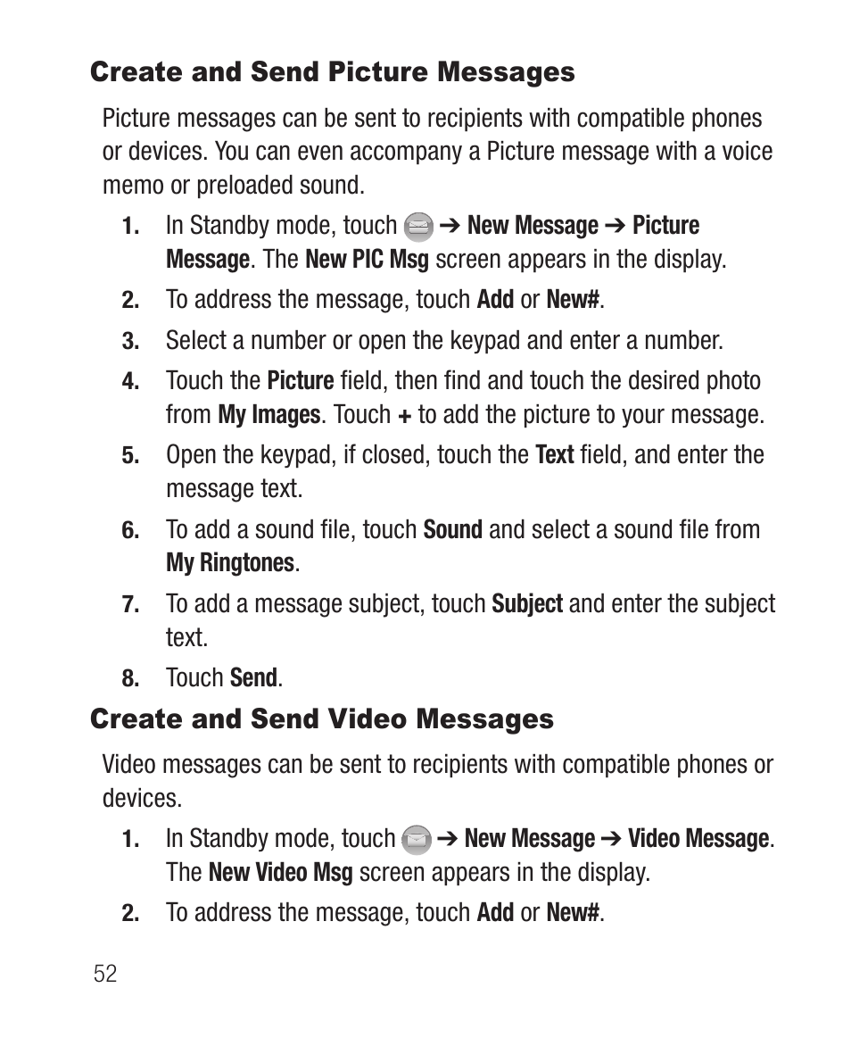 Create and send picture messages, Create and send video messages | Samsung SCH-R631DWACRI User Manual | Page 56 / 145