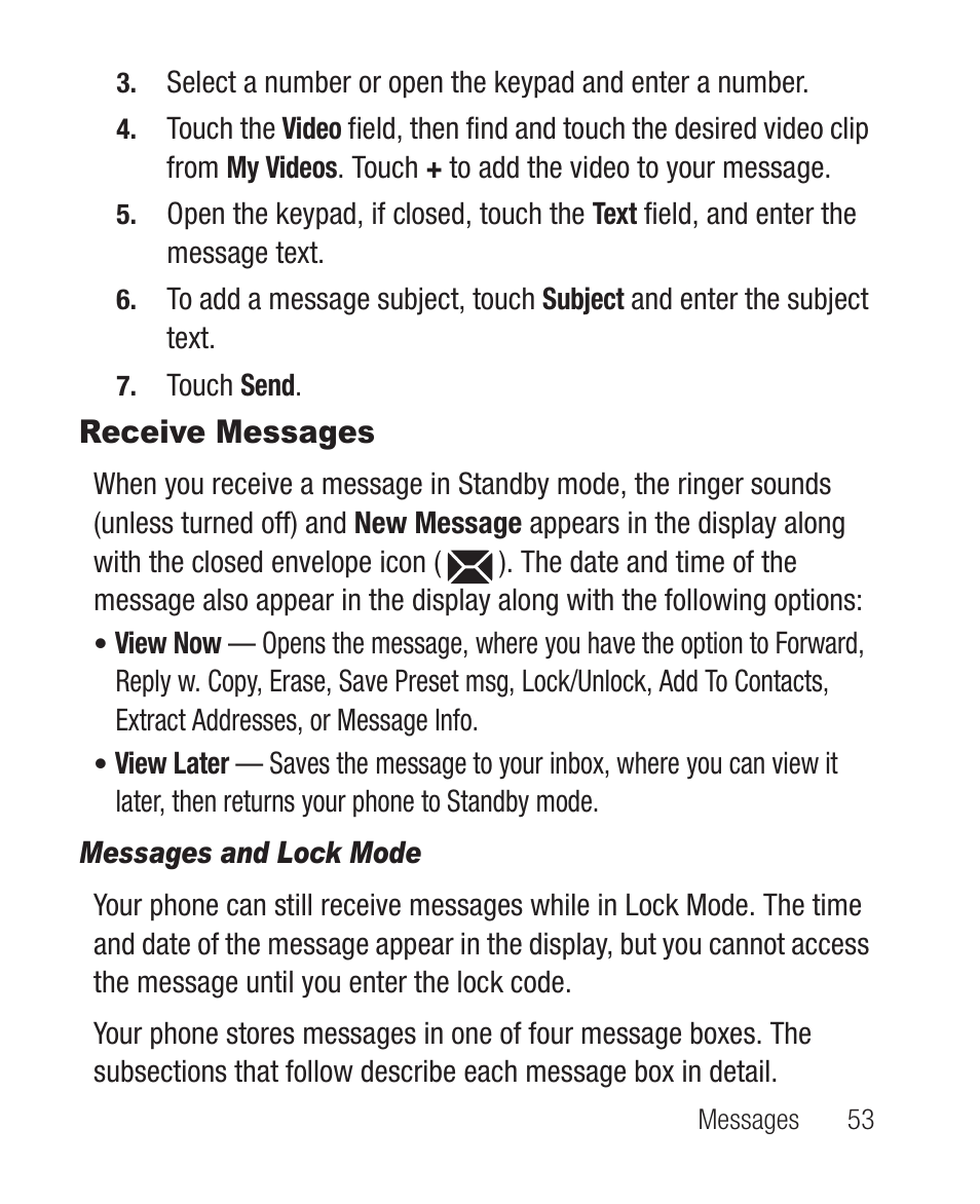 Receive messages, Messages and lock mode | Samsung SCH-R631DWACRI User Manual | Page 57 / 145