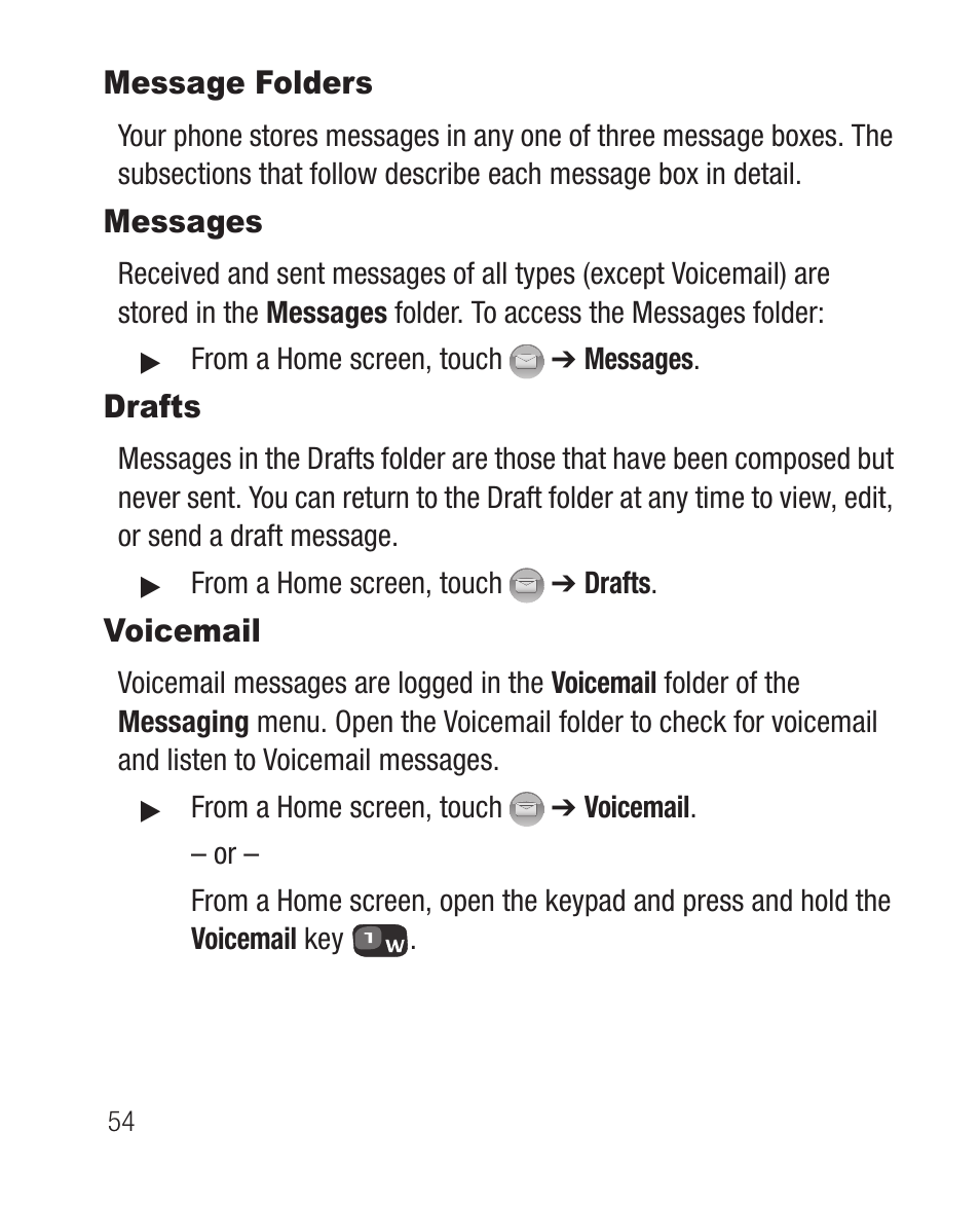 Message folders, Messages, Drafts | Voicemail, Message folders messages drafts voicemail | Samsung SCH-R631DWACRI User Manual | Page 58 / 145