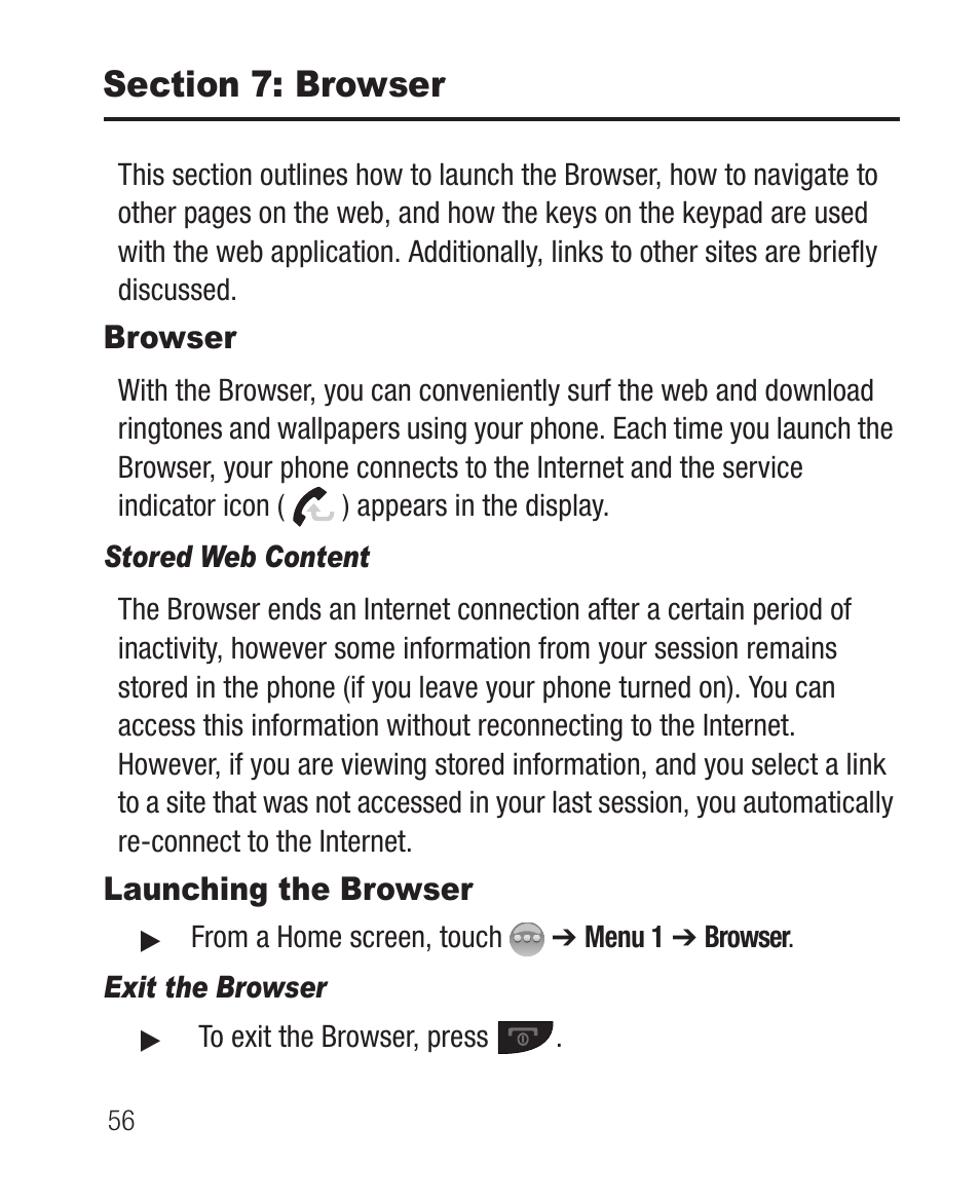 Section 7: browser, Browser, Stored web content | Launching the browser, Exit the browser, Browser launching the browser | Samsung SCH-R631DWACRI User Manual | Page 60 / 145