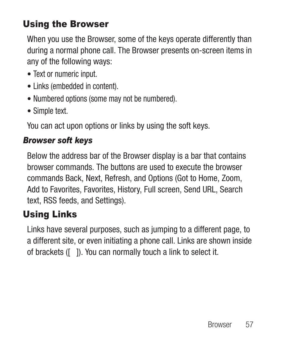 Using the browser, Browser soft keys, Using links | Using the browser using links | Samsung SCH-R631DWACRI User Manual | Page 61 / 145