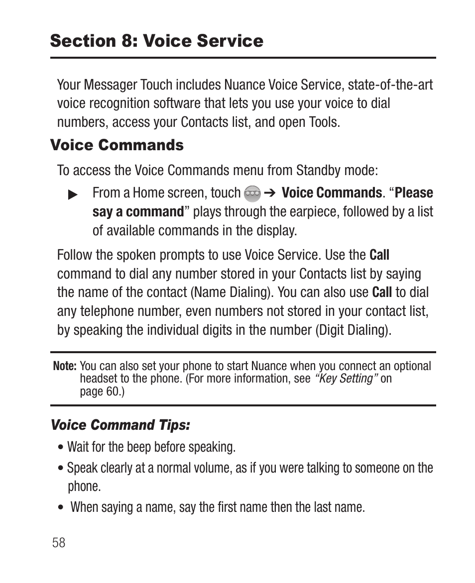 Section 8: voice service, Voice commands, Voice command tips | Samsung SCH-R631DWACRI User Manual | Page 62 / 145