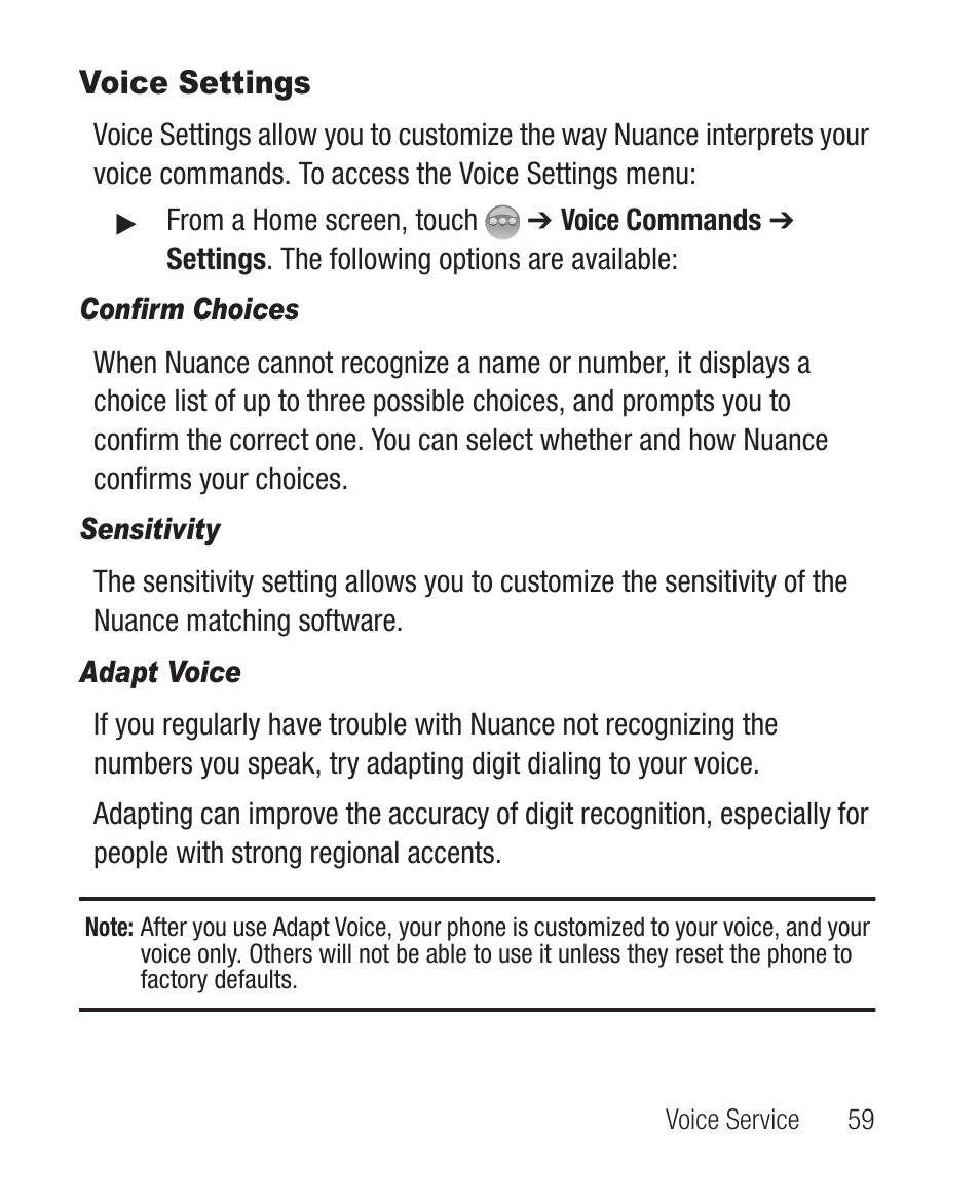 Voice settings, Confirm choices, Sensitivity | Adapt voice | Samsung SCH-R631DWACRI User Manual | Page 63 / 145