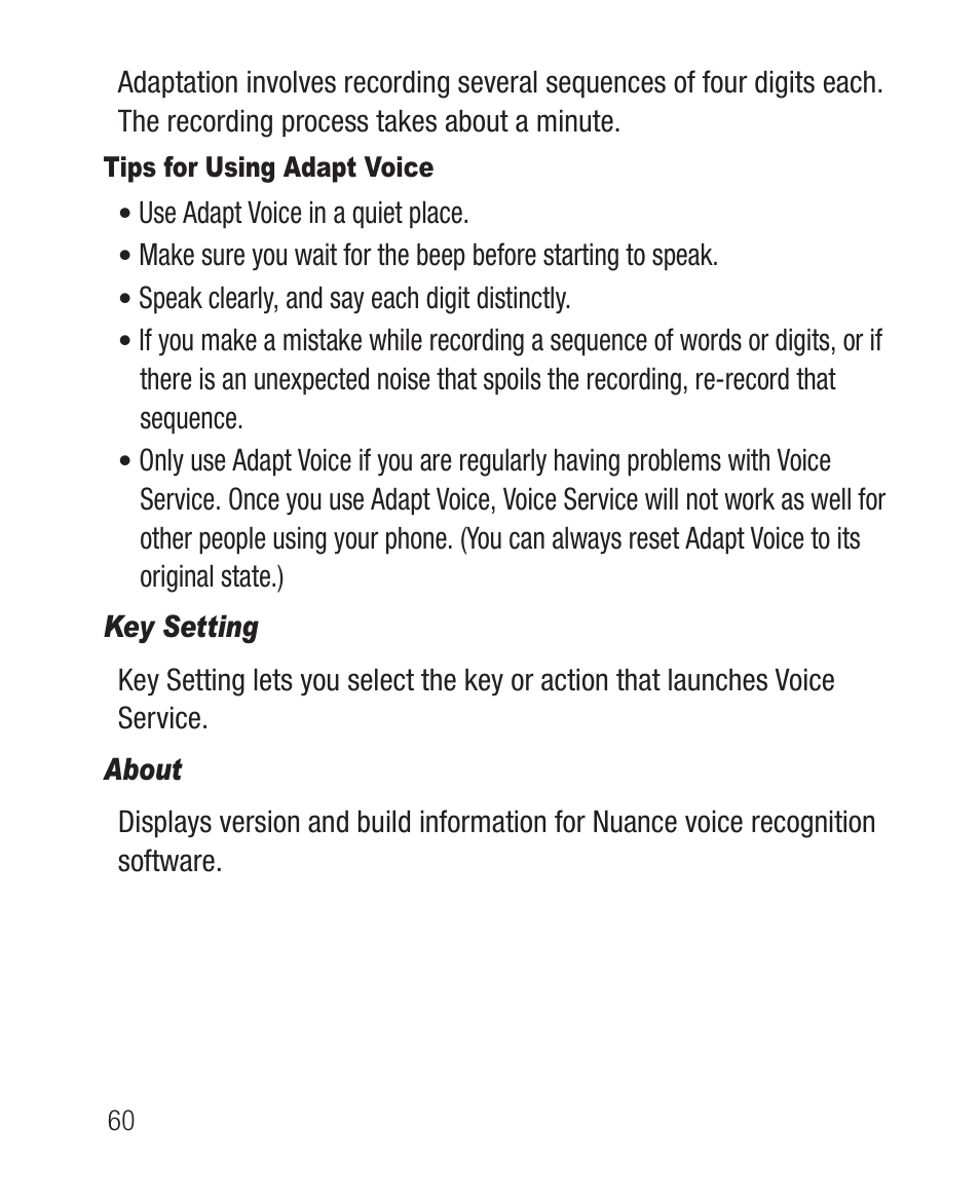 Tips for using adapt voice, Key setting, About | Samsung SCH-R631DWACRI User Manual | Page 64 / 145