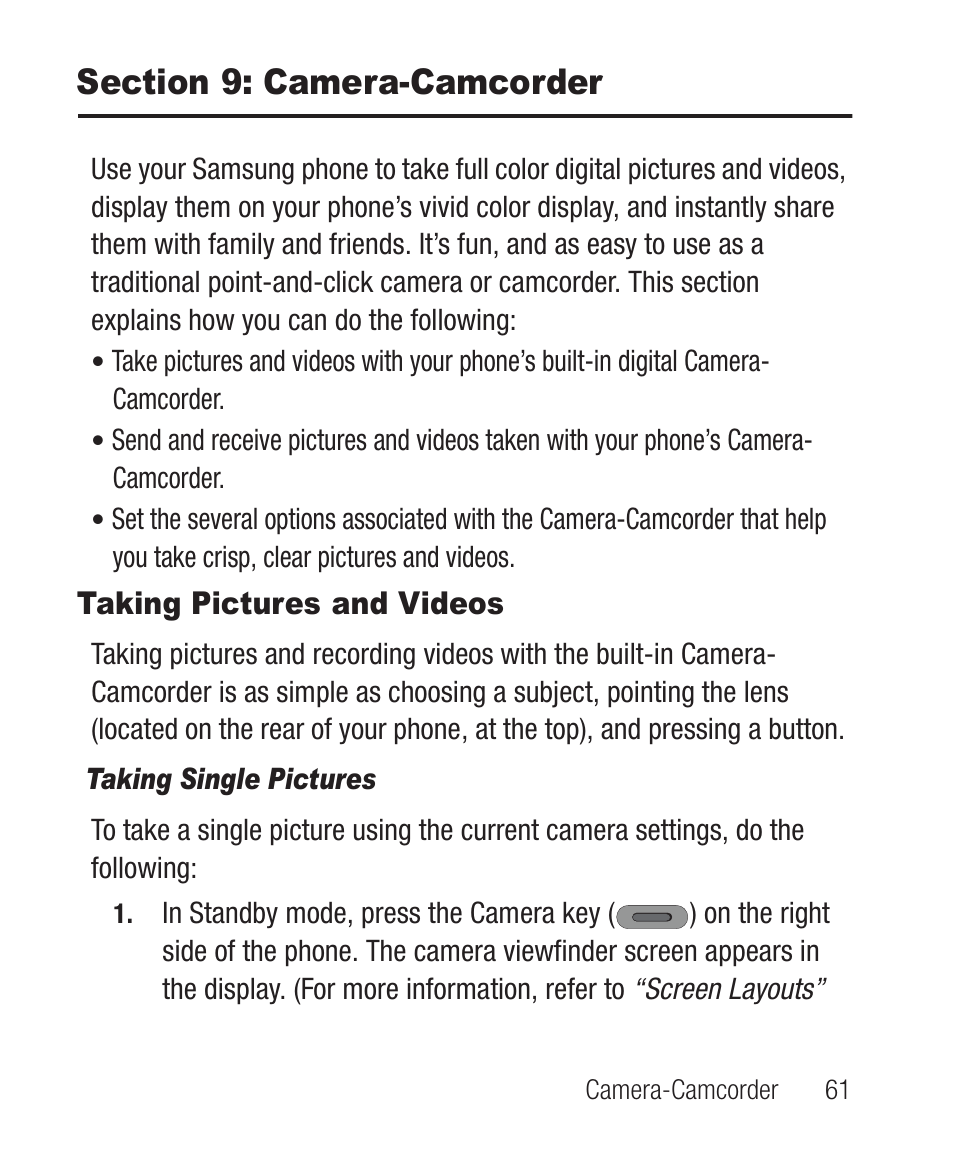 Section 9: camera-camcorder, Taking pictures and videos, Taking single pictures | Samsung SCH-R631DWACRI User Manual | Page 65 / 145