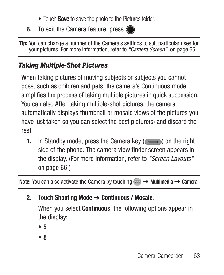 Taking multiple-shot pictures | Samsung SCH-R631DWACRI User Manual | Page 67 / 145