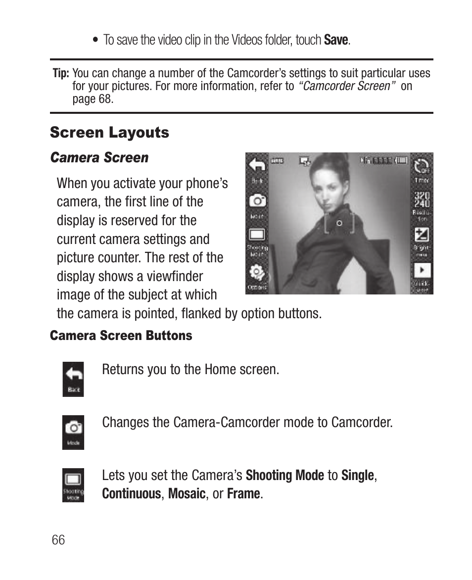 Screen layouts, Camera screen, Camera screen buttons | Samsung SCH-R631DWACRI User Manual | Page 70 / 145