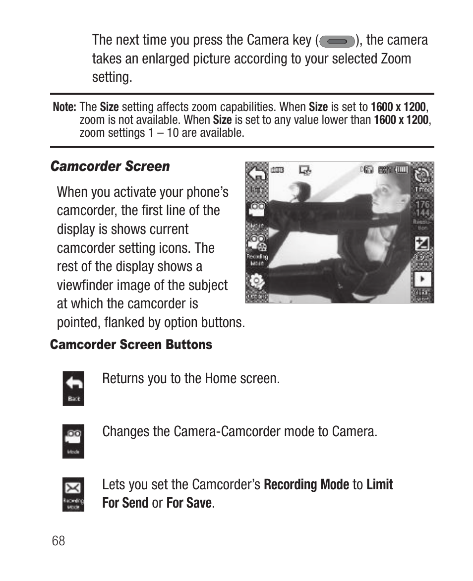 Camcorder screen, Camcorder screen buttons | Samsung SCH-R631DWACRI User Manual | Page 72 / 145