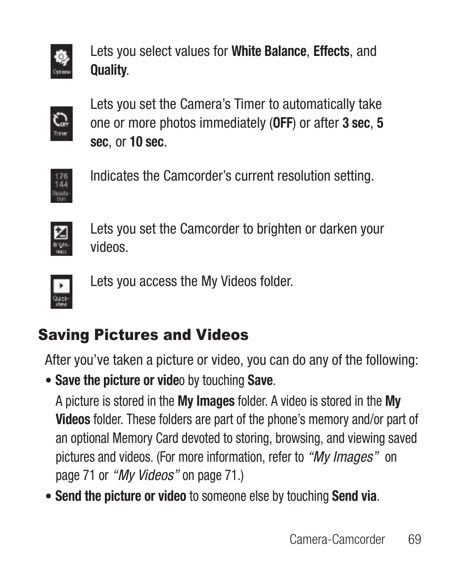 Saving pictures and videos | Samsung SCH-R631DWACRI User Manual | Page 73 / 145