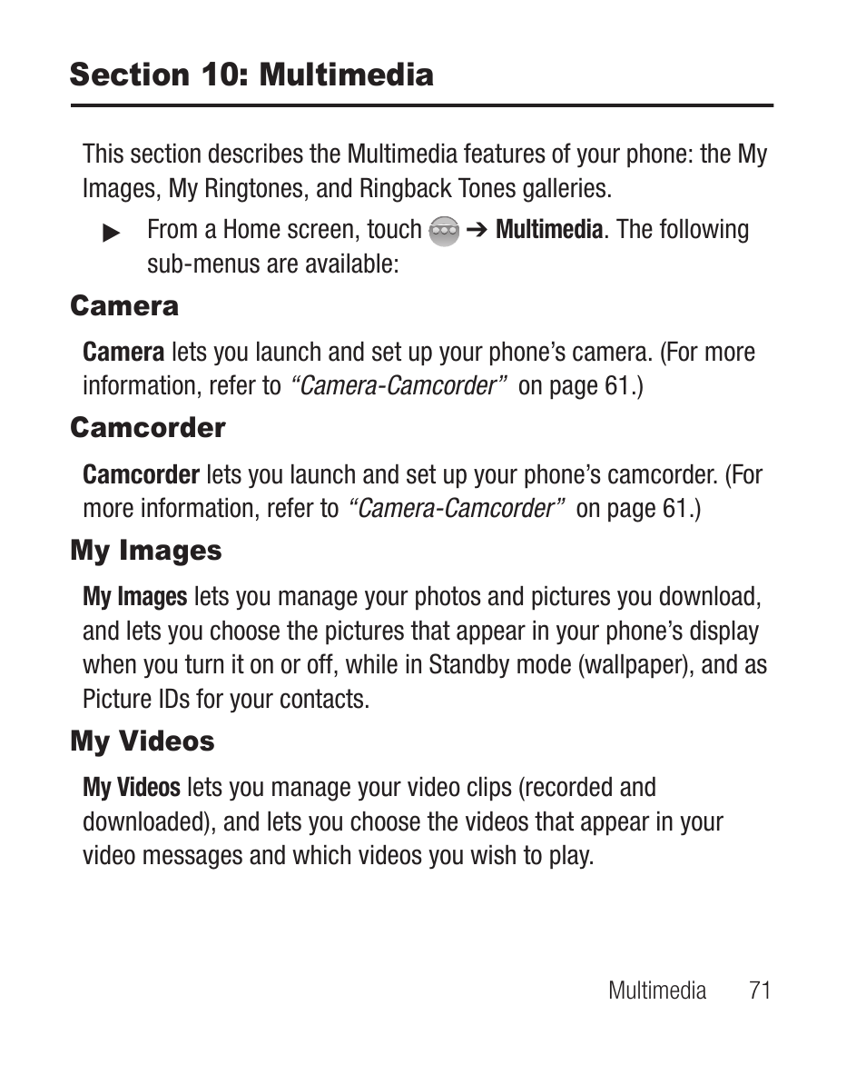 Section 10: multimedia, Camera, Camcorder | My images, My videos, Camera camcorder my images my videos | Samsung SCH-R631DWACRI User Manual | Page 75 / 145