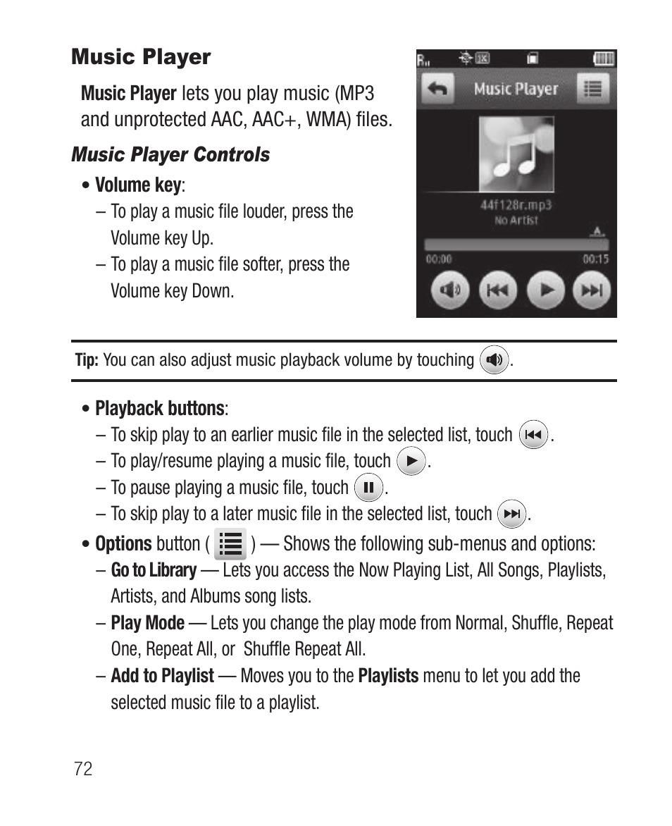 Music player, Music player controls | Samsung SCH-R631DWACRI User Manual | Page 76 / 145