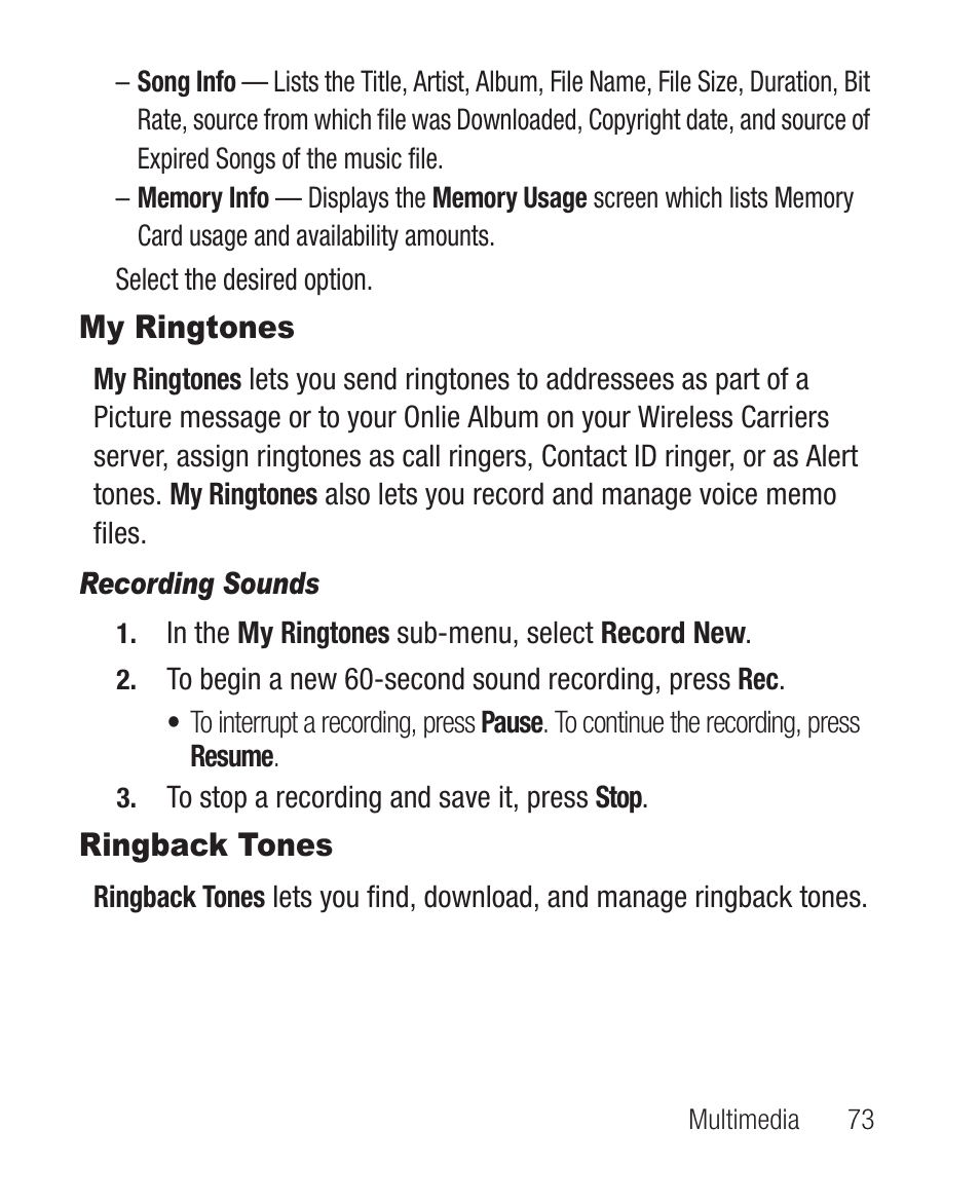 My ringtones, Recording sounds, Ringback tones | My ringtones ringback tones | Samsung SCH-R631DWACRI User Manual | Page 77 / 145