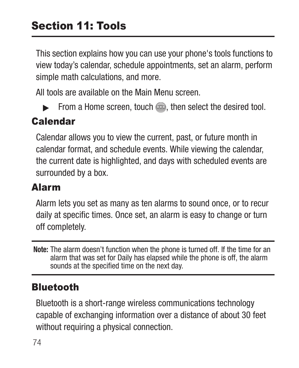 Section 11: tools, Calendar, Alarm | Bluetooth, Calendar alarm bluetooth | Samsung SCH-R631DWACRI User Manual | Page 78 / 145