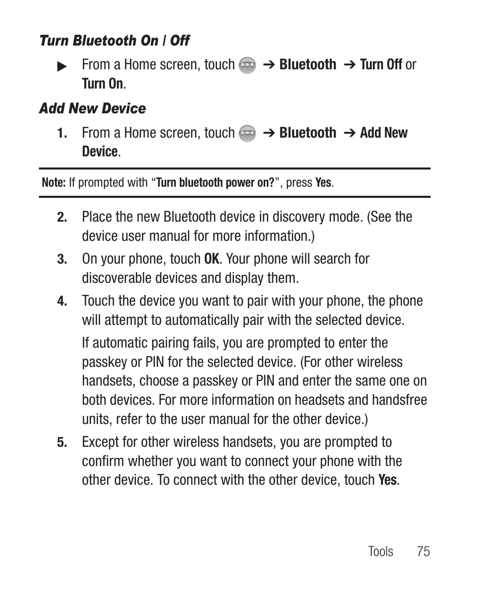 Turn bluetooth on / off, Add new device | Samsung SCH-R631DWACRI User Manual | Page 79 / 145