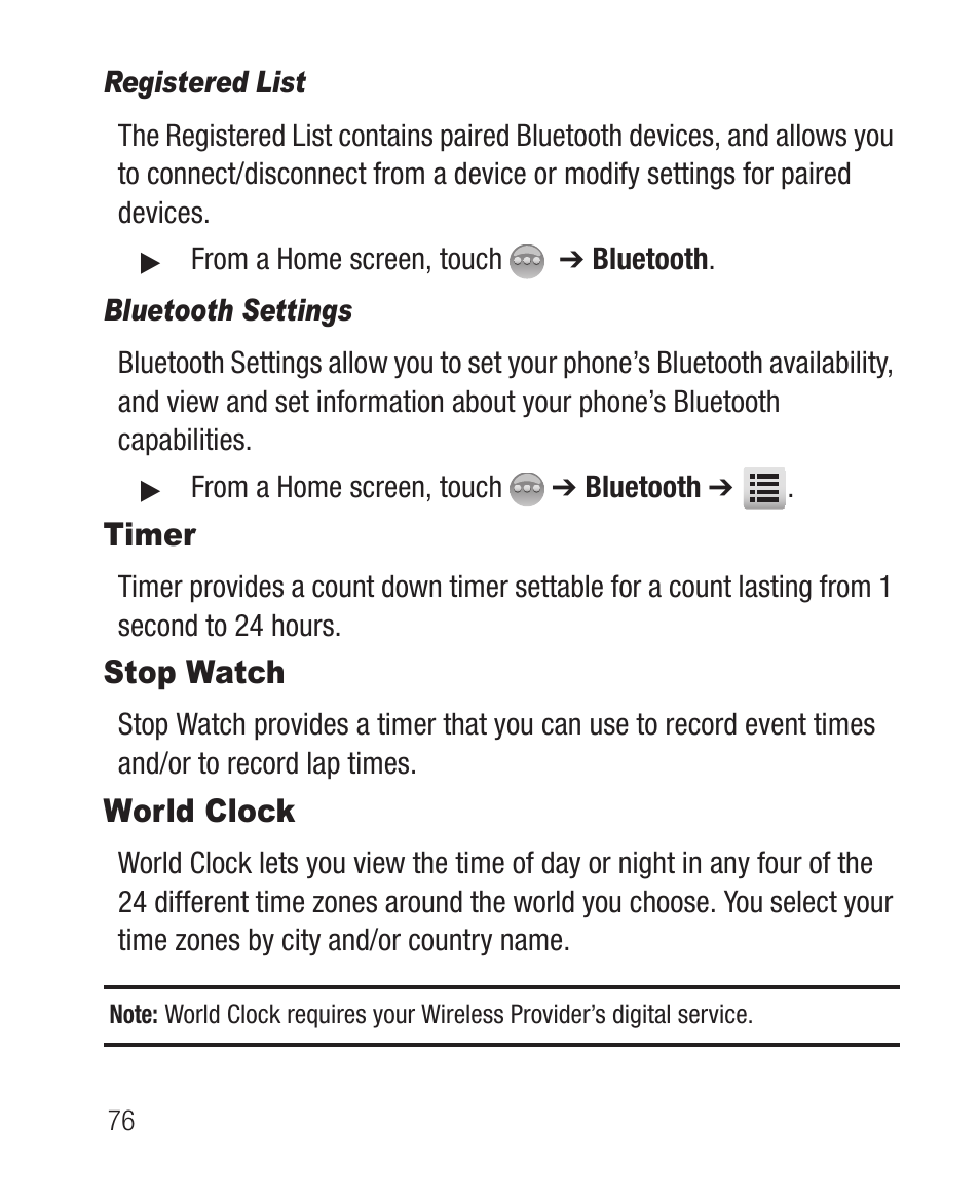 Registered list, Bluetooth settings, Timer | Stop watch, World clock, Timer stop watch | Samsung SCH-R631DWACRI User Manual | Page 80 / 145