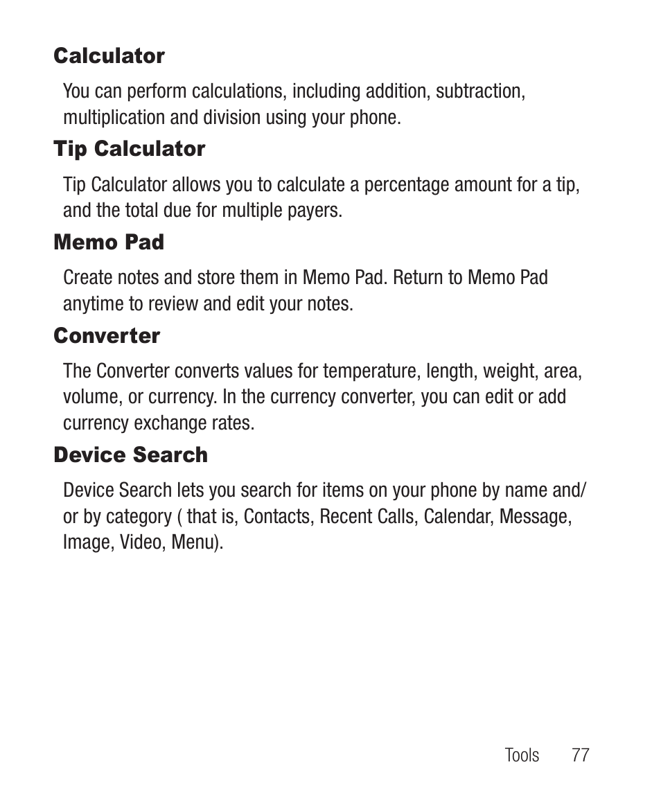 Calculator, Tip calculator, Memo pad | Converter, Device search | Samsung SCH-R631DWACRI User Manual | Page 81 / 145