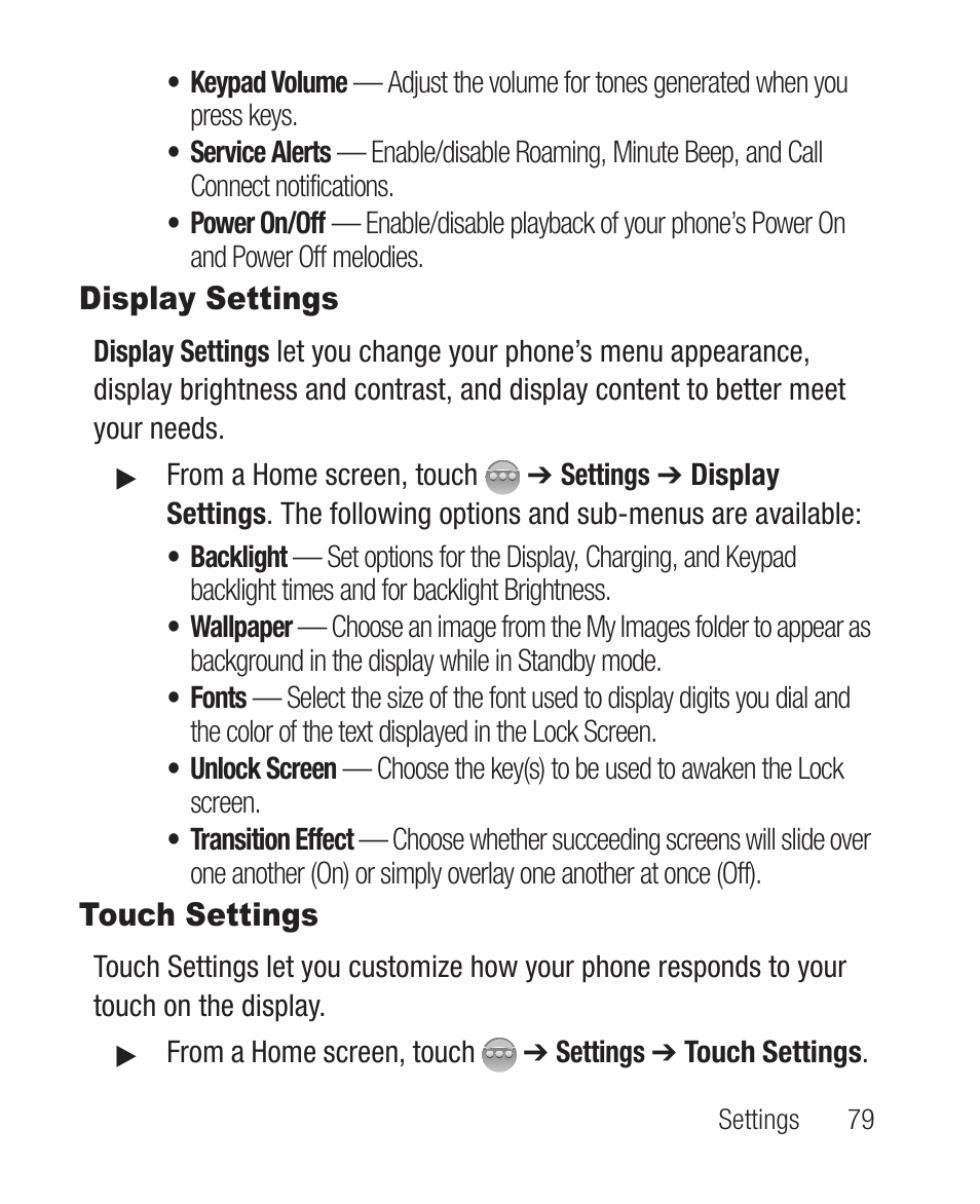 Display settings, Touch settings, Display settings touch settings | Samsung SCH-R631DWACRI User Manual | Page 83 / 145