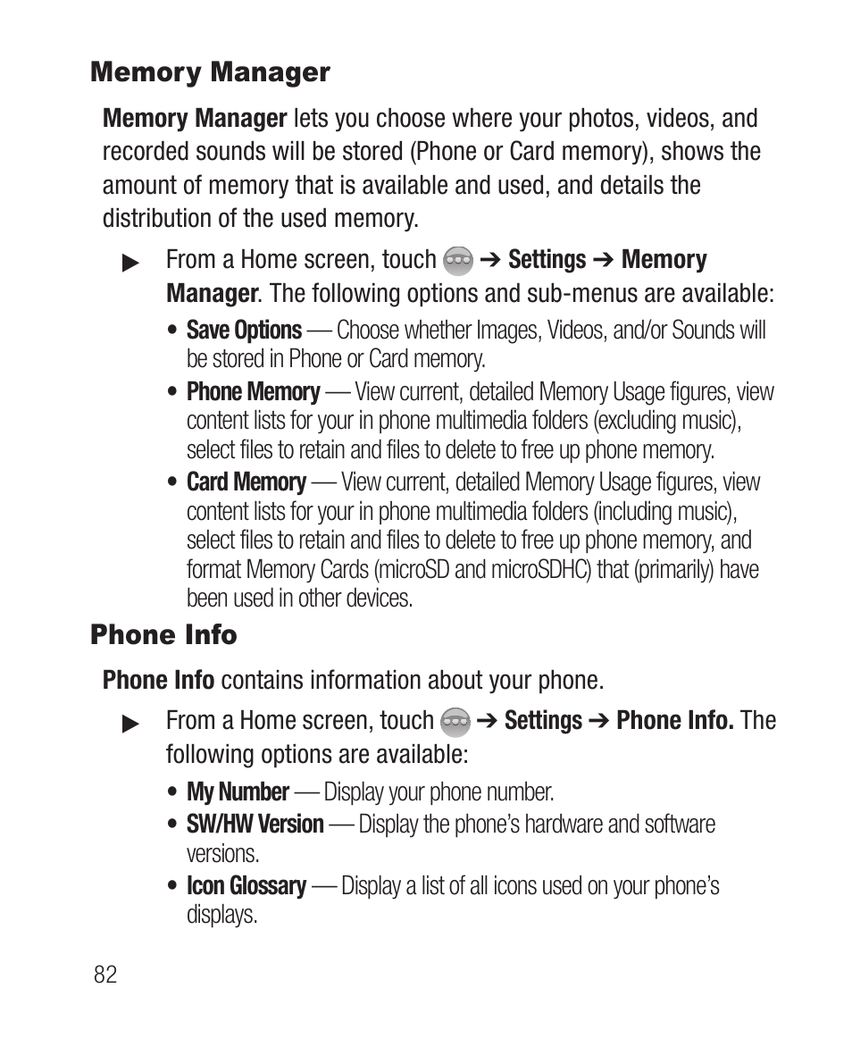 Memory manager, Phone info, Memory manager phone info | Samsung SCH-R631DWACRI User Manual | Page 86 / 145