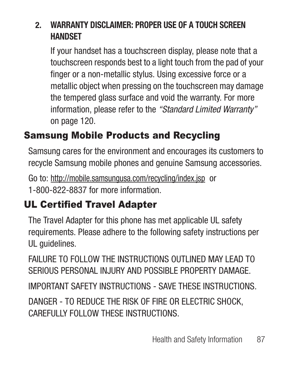 Samsung mobile products and recycling, Ul certified travel adapter | Samsung SCH-R631DWACRI User Manual | Page 91 / 145