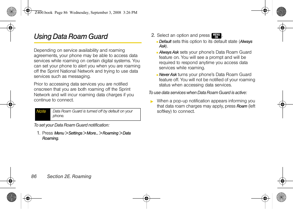 Using data roam guard | Samsung SPH-Z400DAASPR User Manual | Page 102 / 214